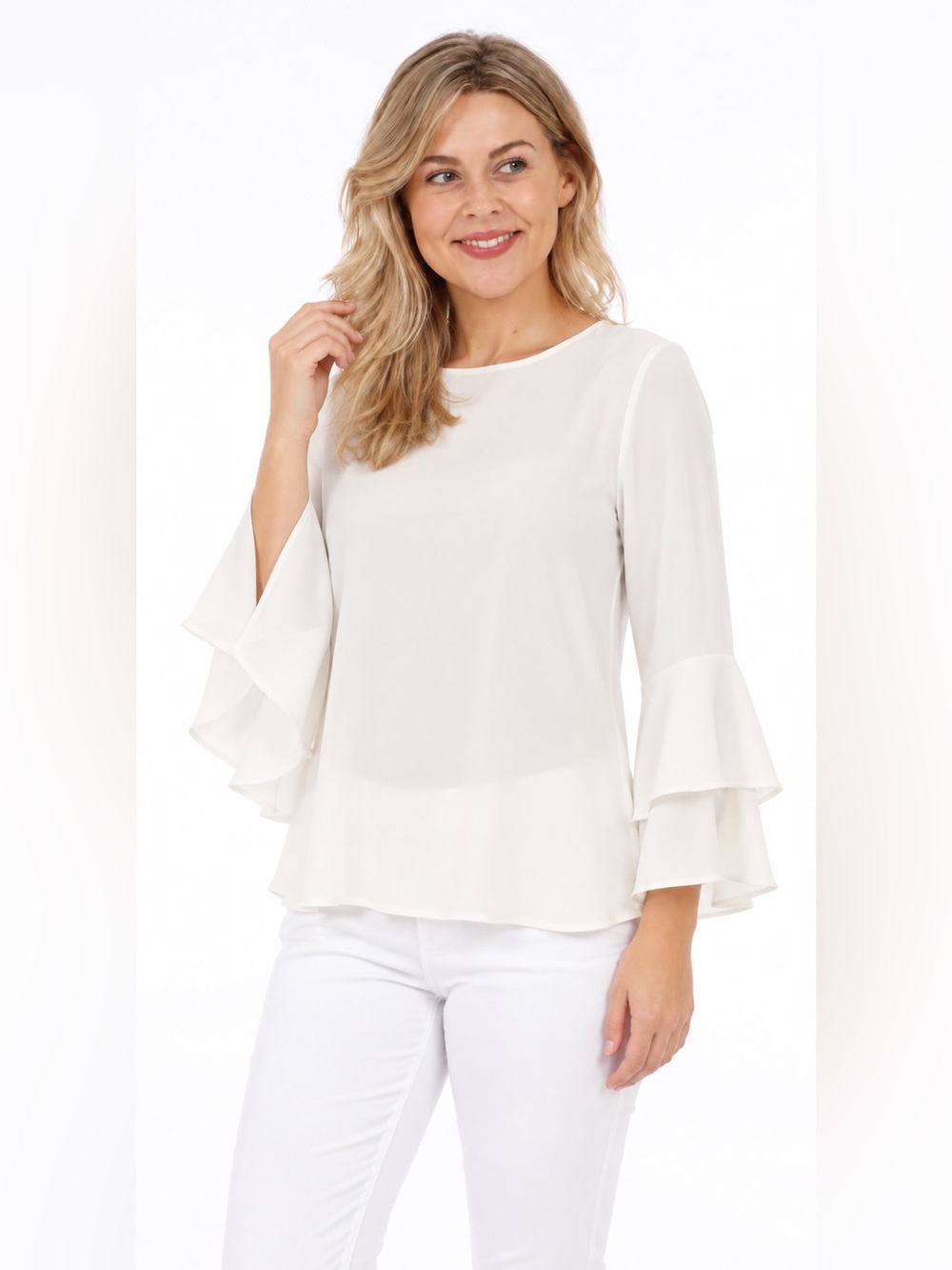 DKR Apparel Chiffon Blouse with Double Ruffle Sleeve-Ivory